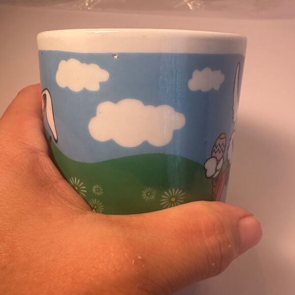 Vtg Bee International Easter Bunny Painting Egg Rainbow Coffee Mug Whimsy READ - Picture 8 of 12